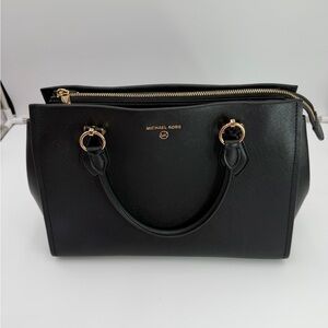 Michael Kors Black Saffiano Leather Satchel Bag Gold Hardware Zip Top